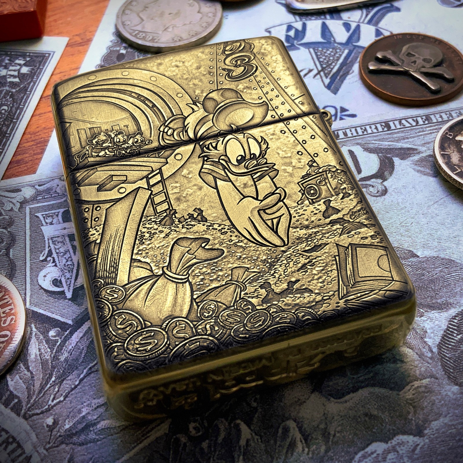 Zippo “Scrooge McDuck” Themed Engraved Brass Armor Cigarette Lighter Ebenezer