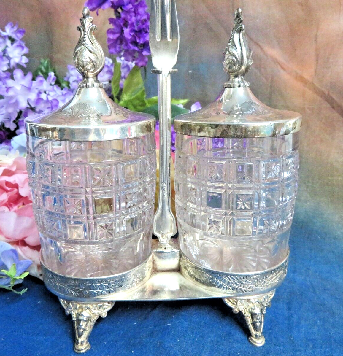 Pickle Castor silver plate frame  Meriden B double EAPG jars Antique Victorian