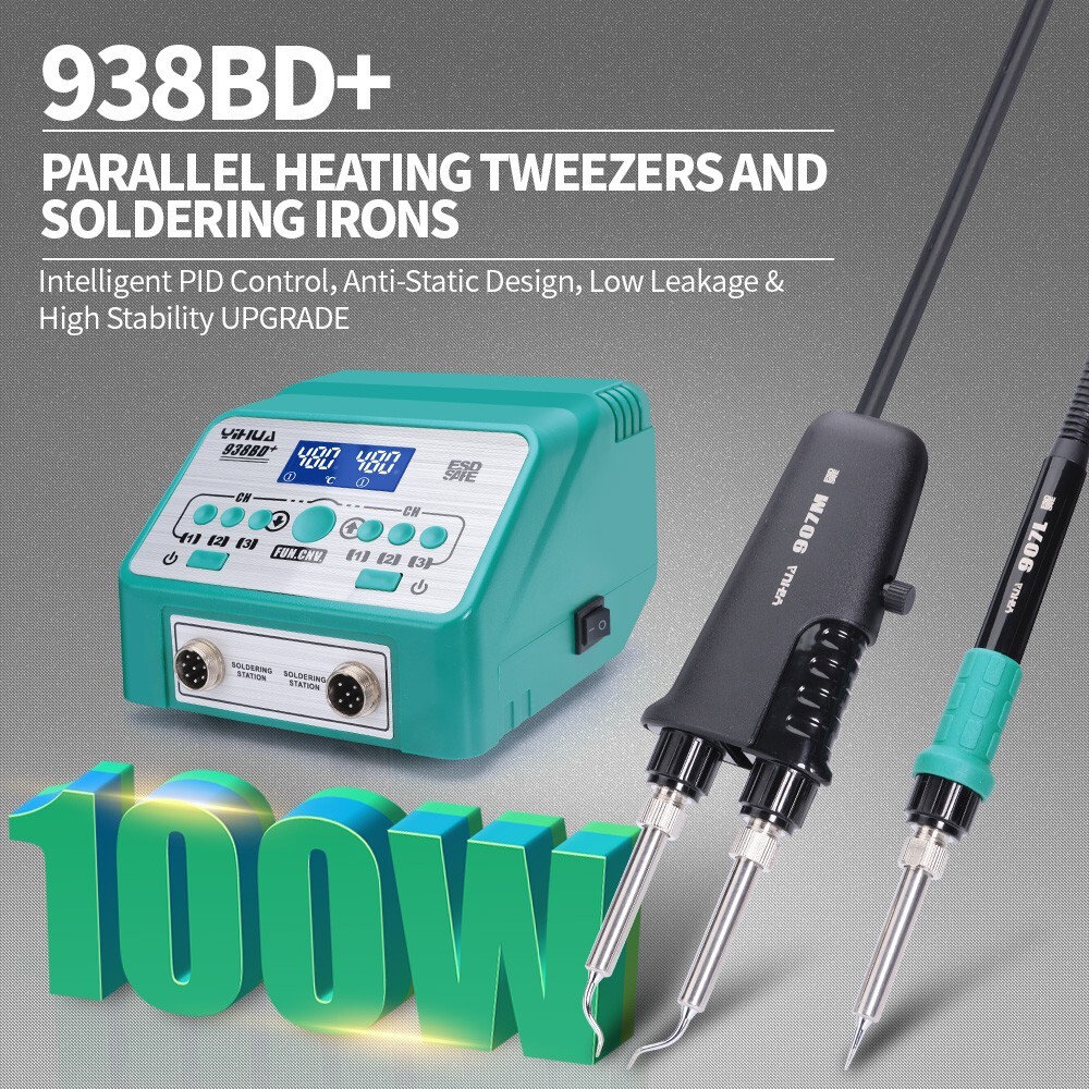 YIHUA 938BD+ Tweezers Soldering Station 2 in 1 Soldering Iron Kit Rework Station