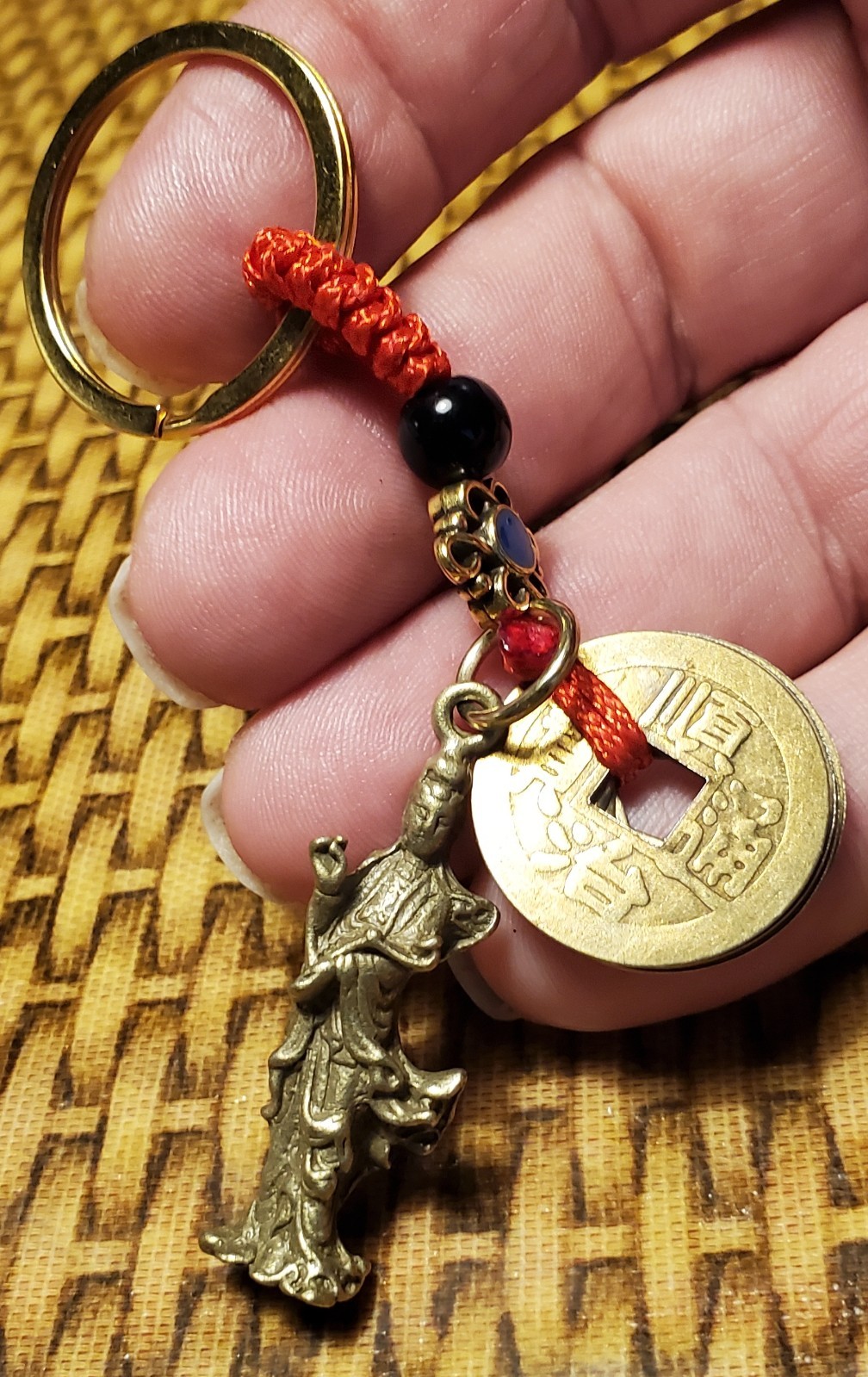 CHARMS & BEADS-BRASS CHINESE GUANYIN & MONEY W/ KEY RING-KEY FOB