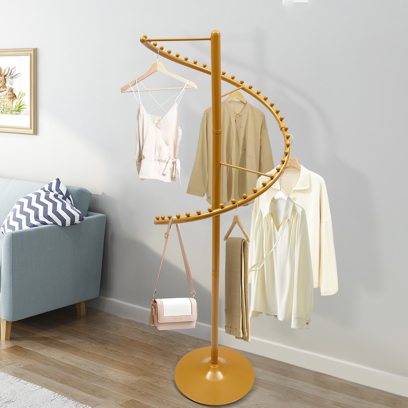 Modern Spiral Rotating Clothing Rack, Free Standing Heavy duty Garment Rack Gold