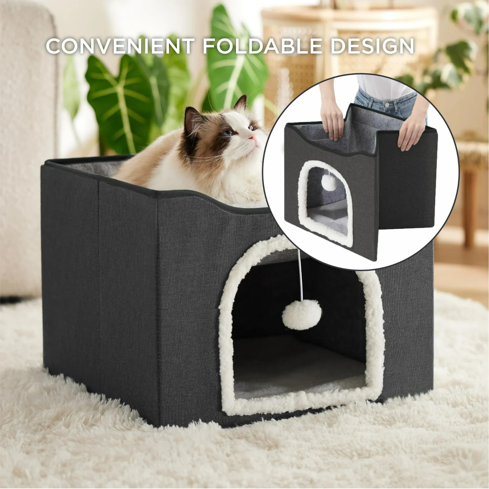 Cat Bed for Indoor Cats, Large Covered Cat House with Scratch Pad, Foldable Cat