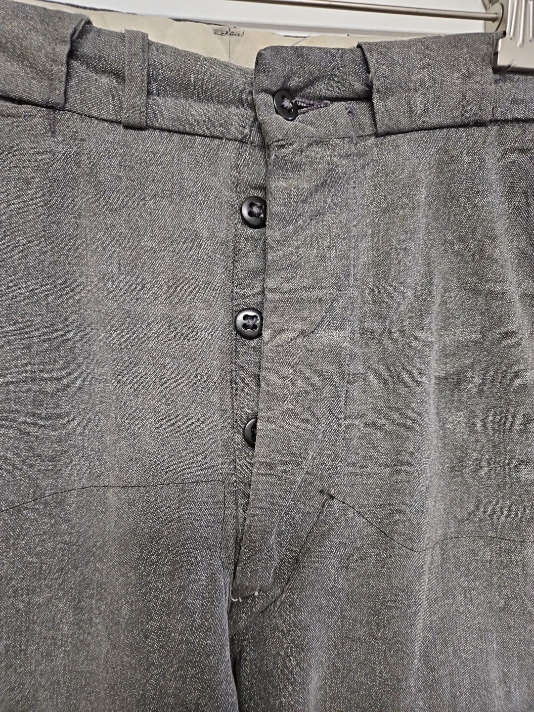 Vtg 40s 50s Sanforized Cotton Trousers Pants Button Fly Distress Repair 29x28
