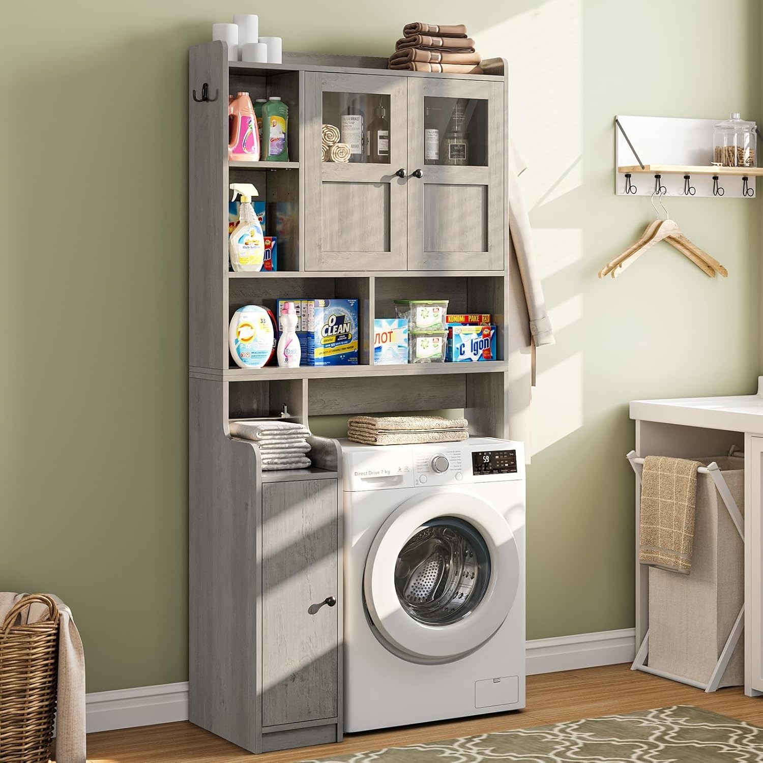 Over The Toilet Storage Cabinet, Farmhouse Bathroom Organizer with Glass Doors