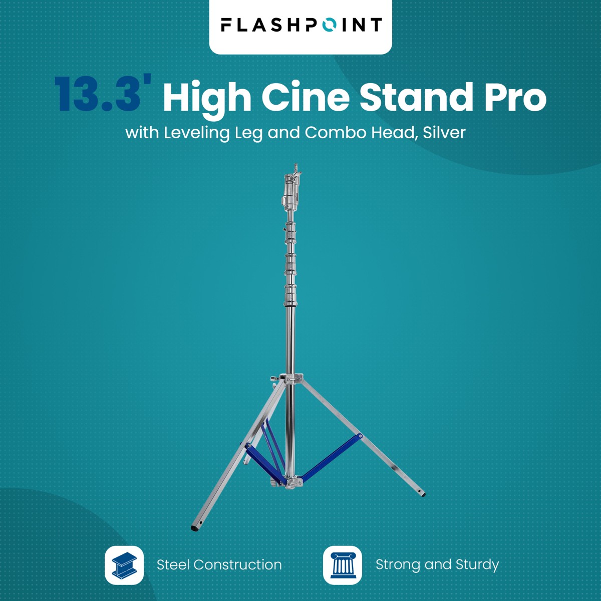 Flashpoint 13.3' High Cine Stand Pro with Combo Head, Silver, Bundle with 3x Whe