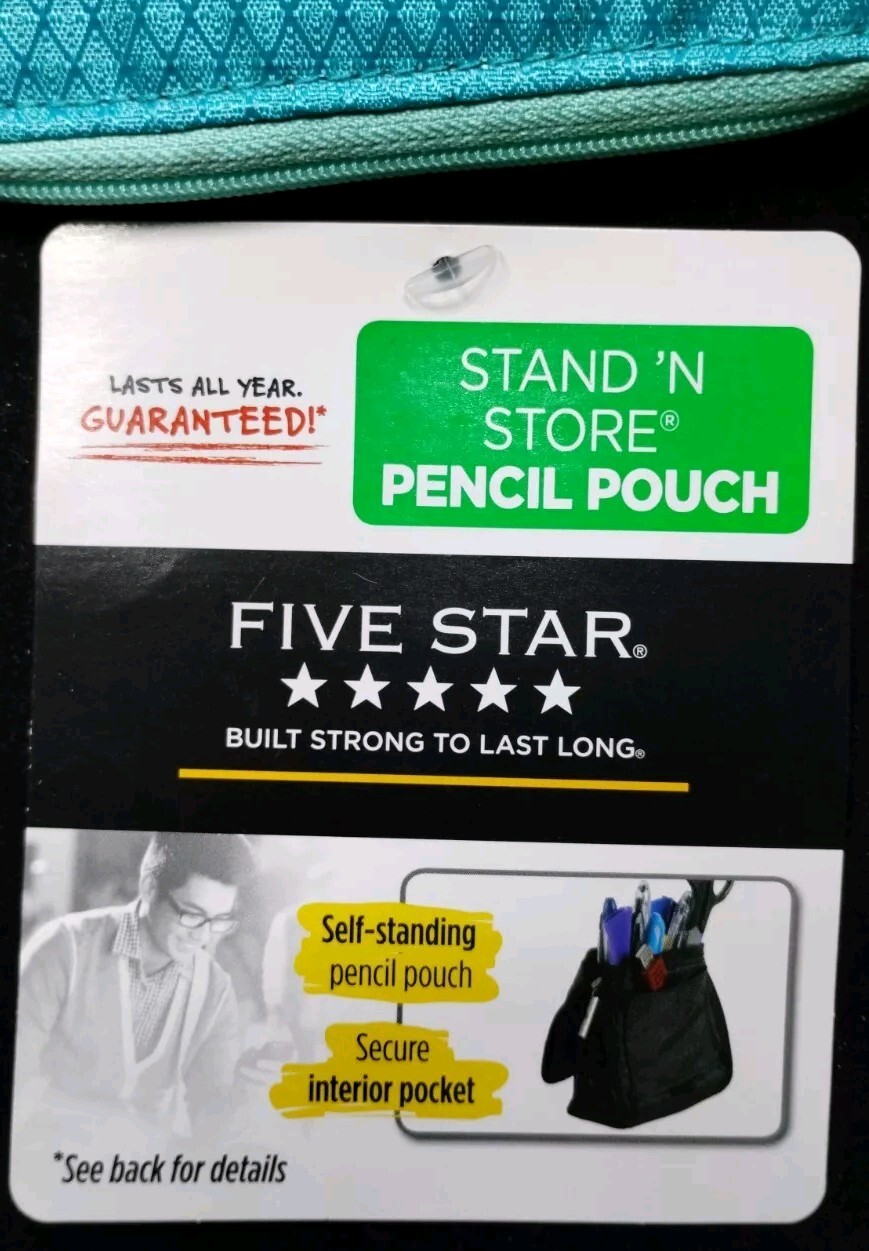 Mead Five Star Stand ‘N Store Pencil Pouch Fits 3 Ring Binder, Polyester - Teal