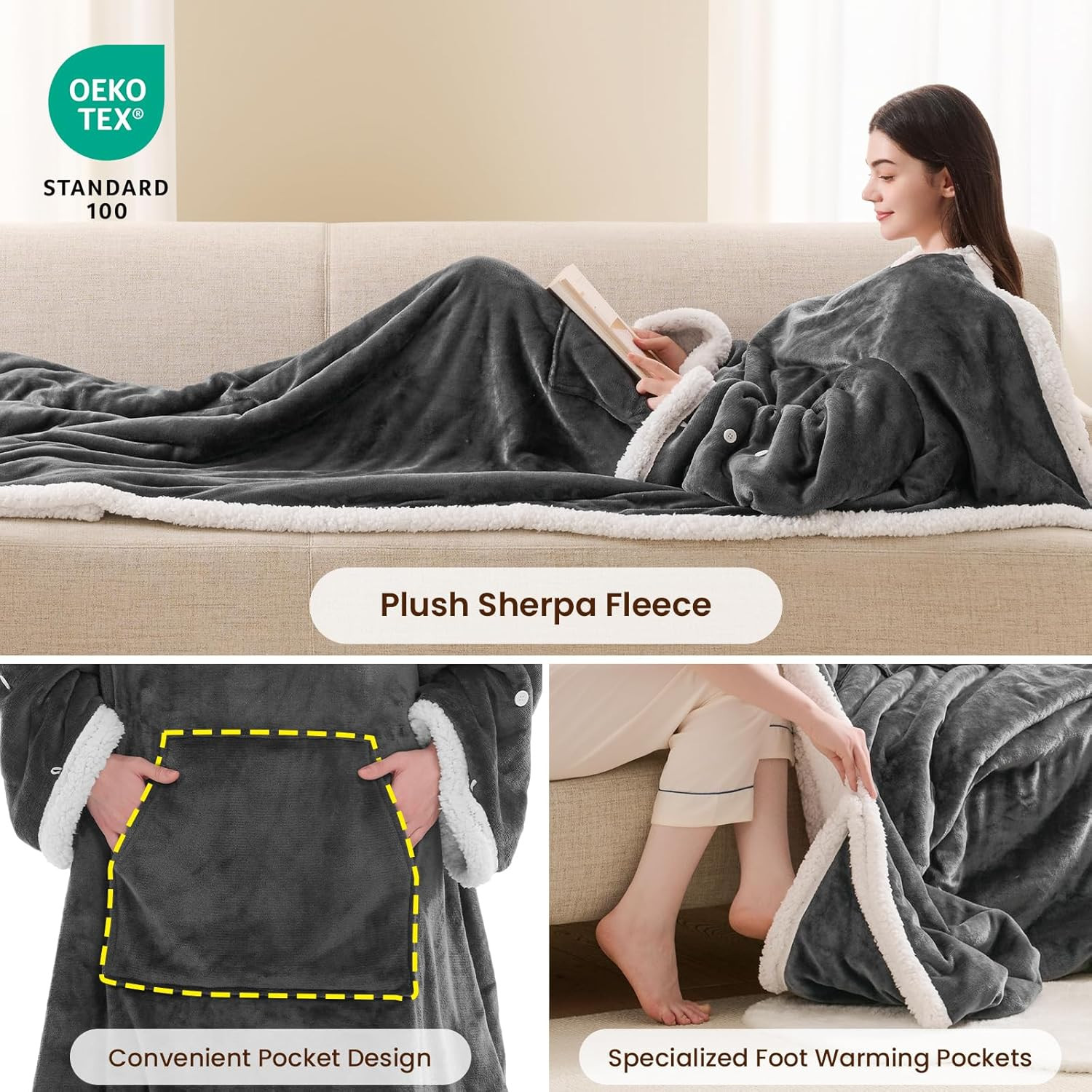 Heated Electric Blanket Wearable Throw - Heated Wearable Robe with Sleeves and F