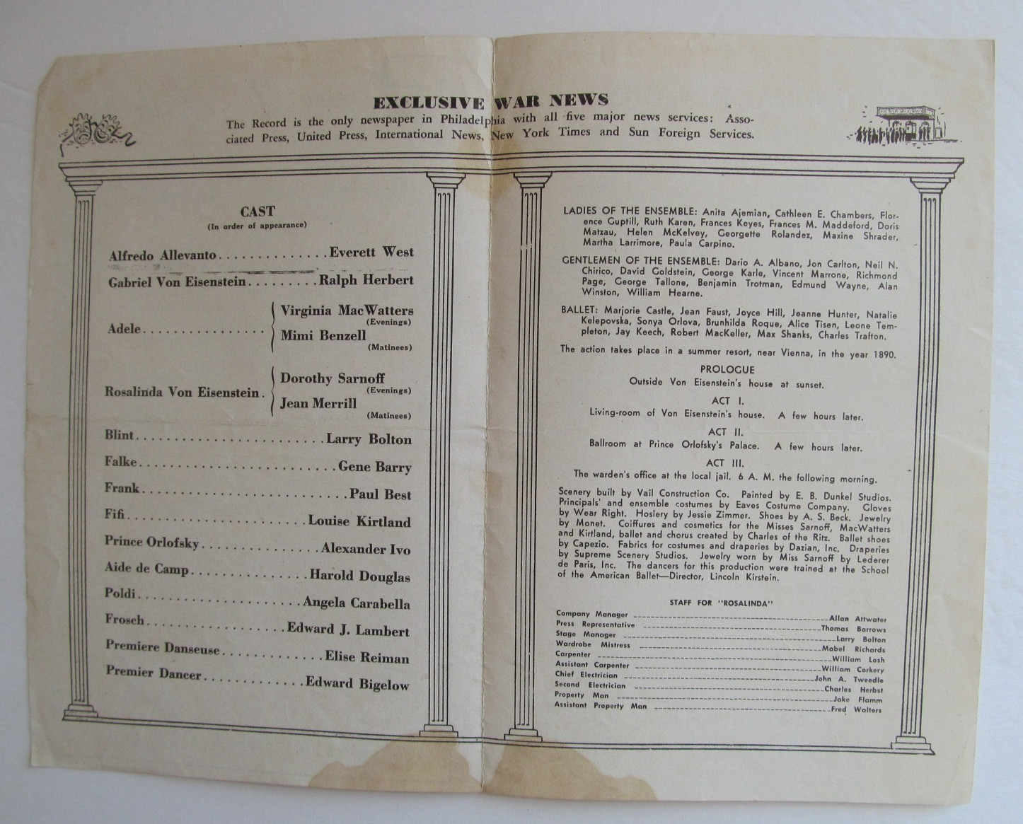 Rosalinda - Strauss Operetta Program - 1944 Philadelphia - Dorothy Sarnoff