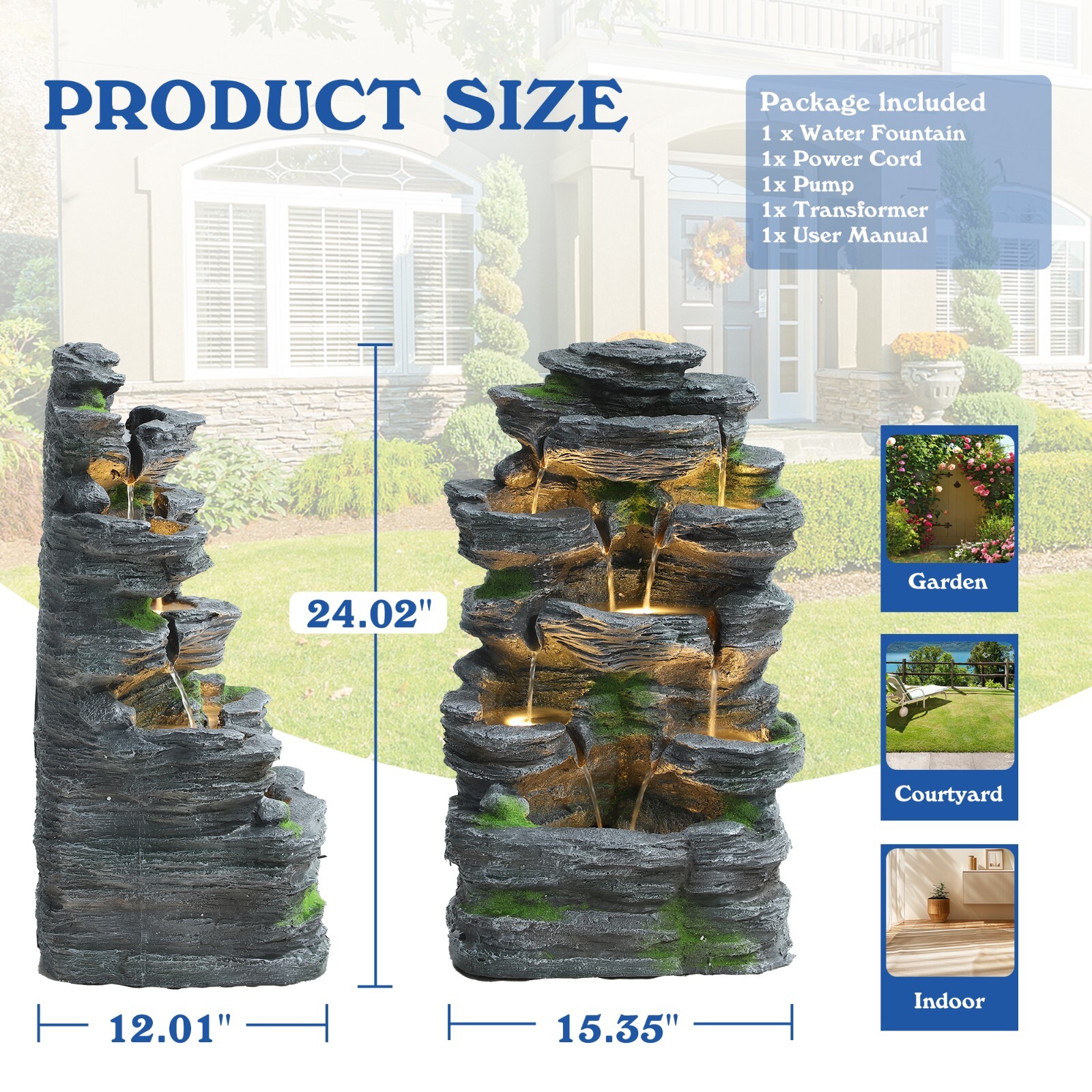 7Tier Cascading Rock Water Fountain 24" H Outdoor Fountain w/LED Light and Pump