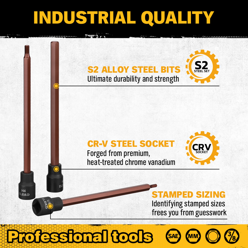 20PC Extra-Long Allen Hex Bit Socket Set 3/8" Drive SAE & Metric Impact Ratchet