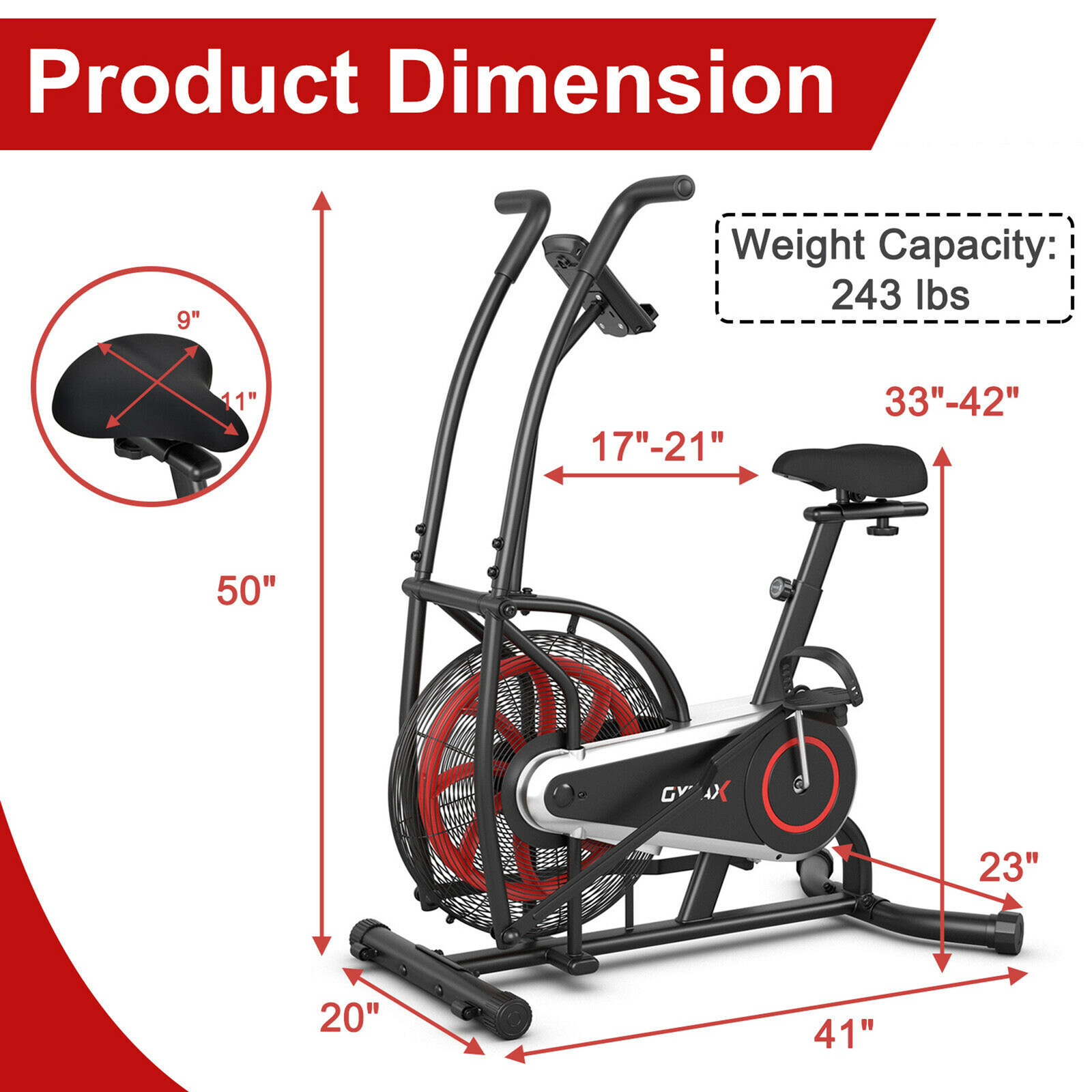Unlimited Resistance Airdyne Bike Fan Exercise Bike with Clear LCD Display