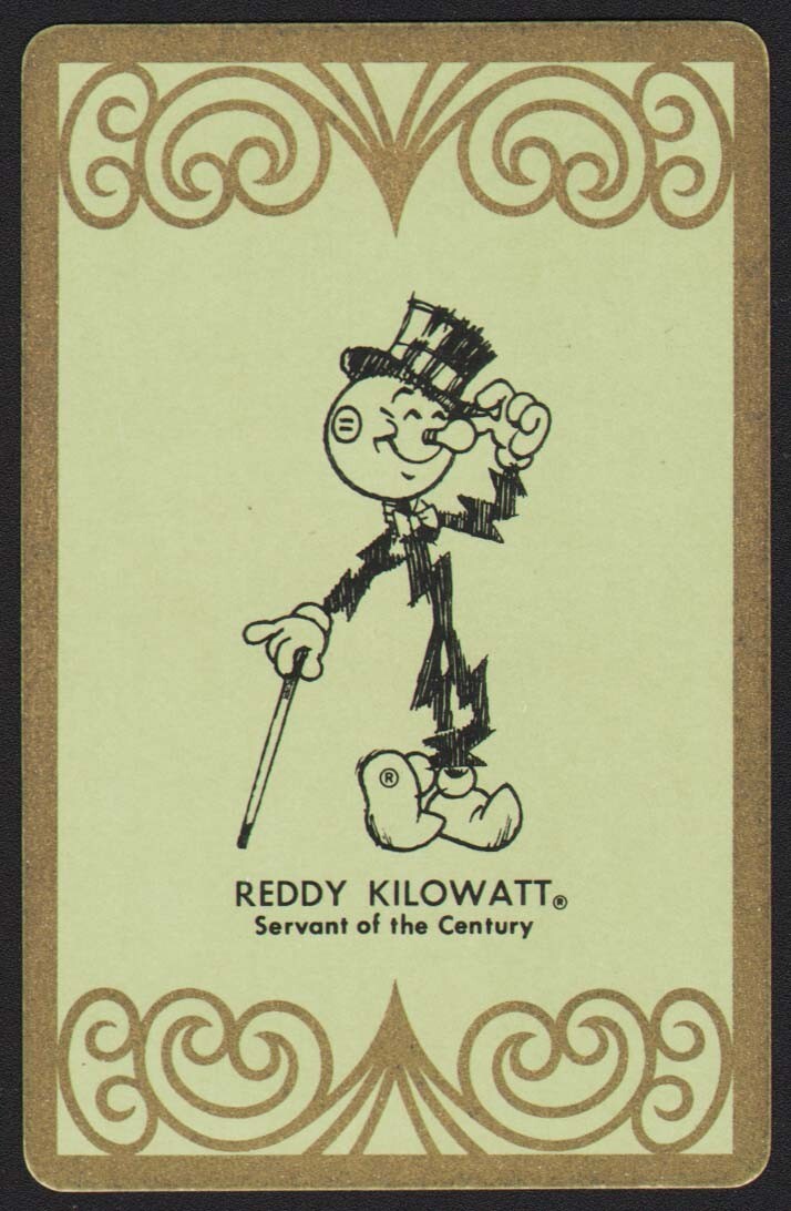 Vintage single playing card REDDY KILOWATT top hat cane Reddy green background