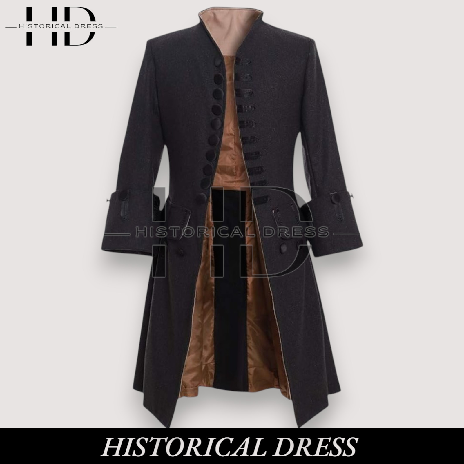 Men's 18th Century Regency Black Wool Frock Coat Colonial Military Tailcoat