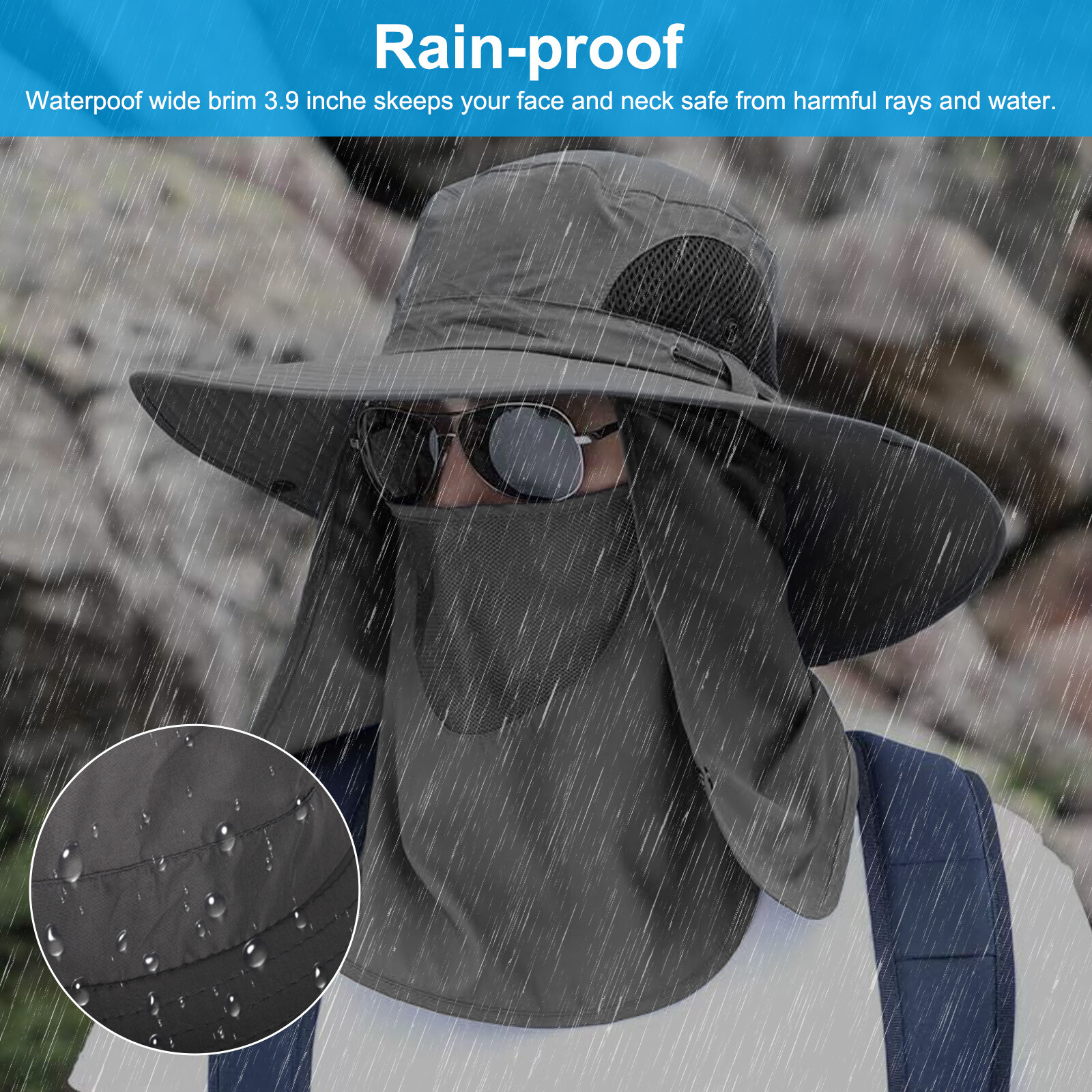 Wide Brim Sun Hat with Neck Flap UV Protection Hiking Fishing Cap for Men Women
