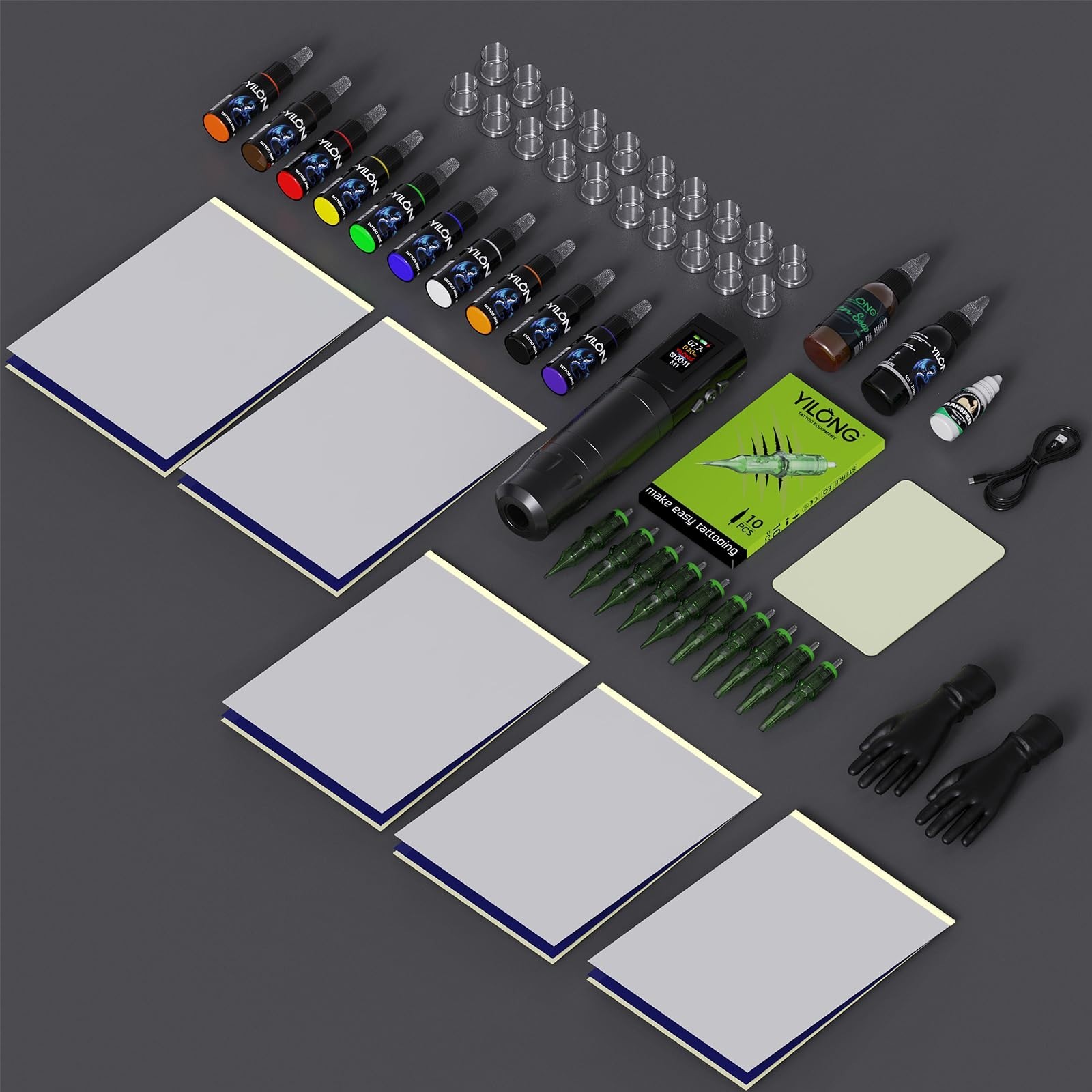 Wireless Rotary Tattoo Pen Machine Complete Kit with Ink Needles Transfer Paper