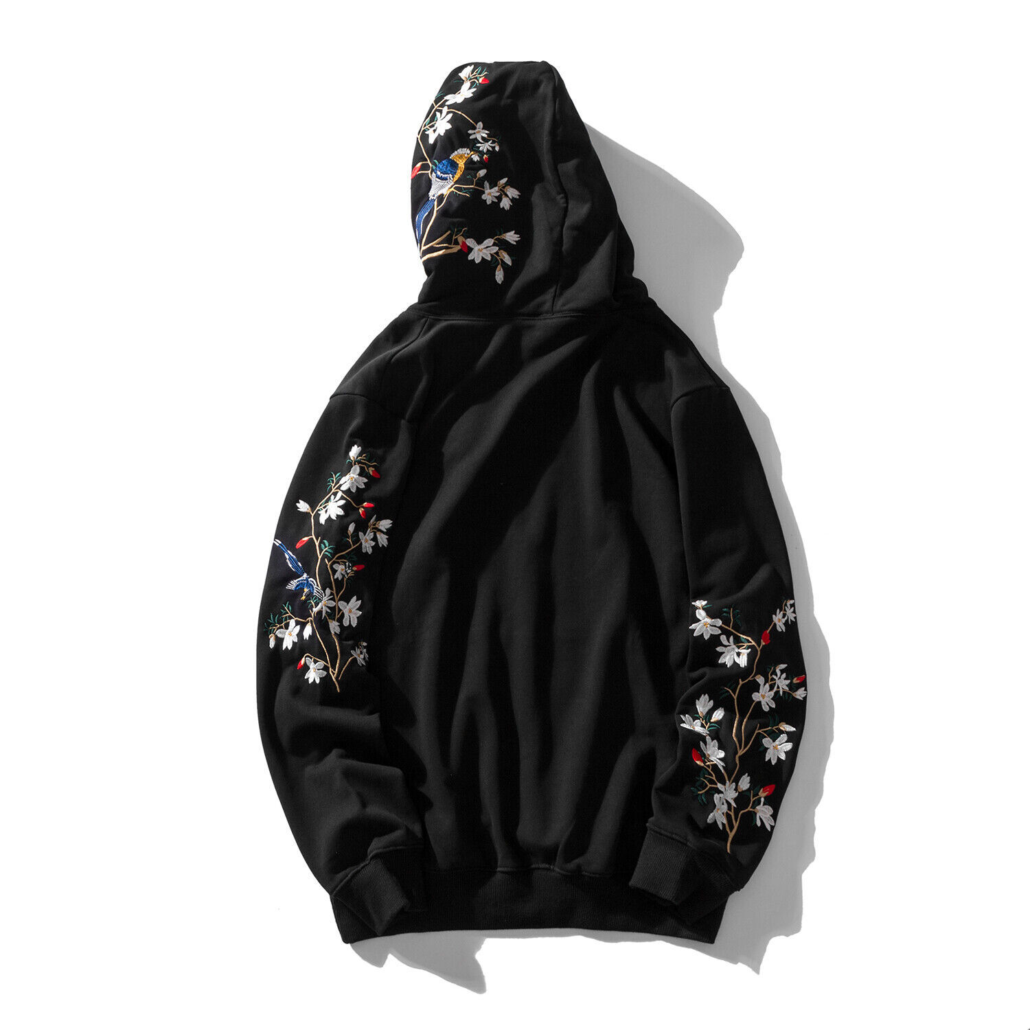 Niepce Birds and Flowers Embroidered Black Hoodie Japanese Streetwear Sweatshirt