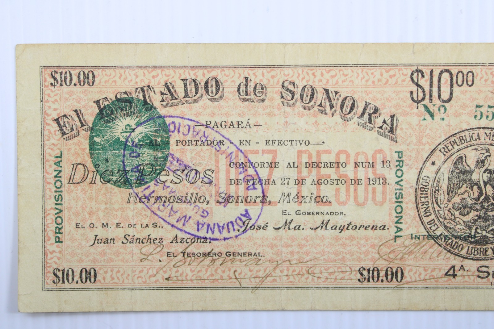 1913 10 PESOS EL ESTADO DE SONORA MEXICO NOTE #481