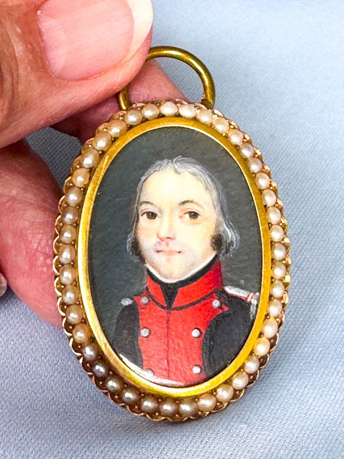 Rare 18th C Hand Painted Portrait French Revolution Soldier w Pearls Robespierre