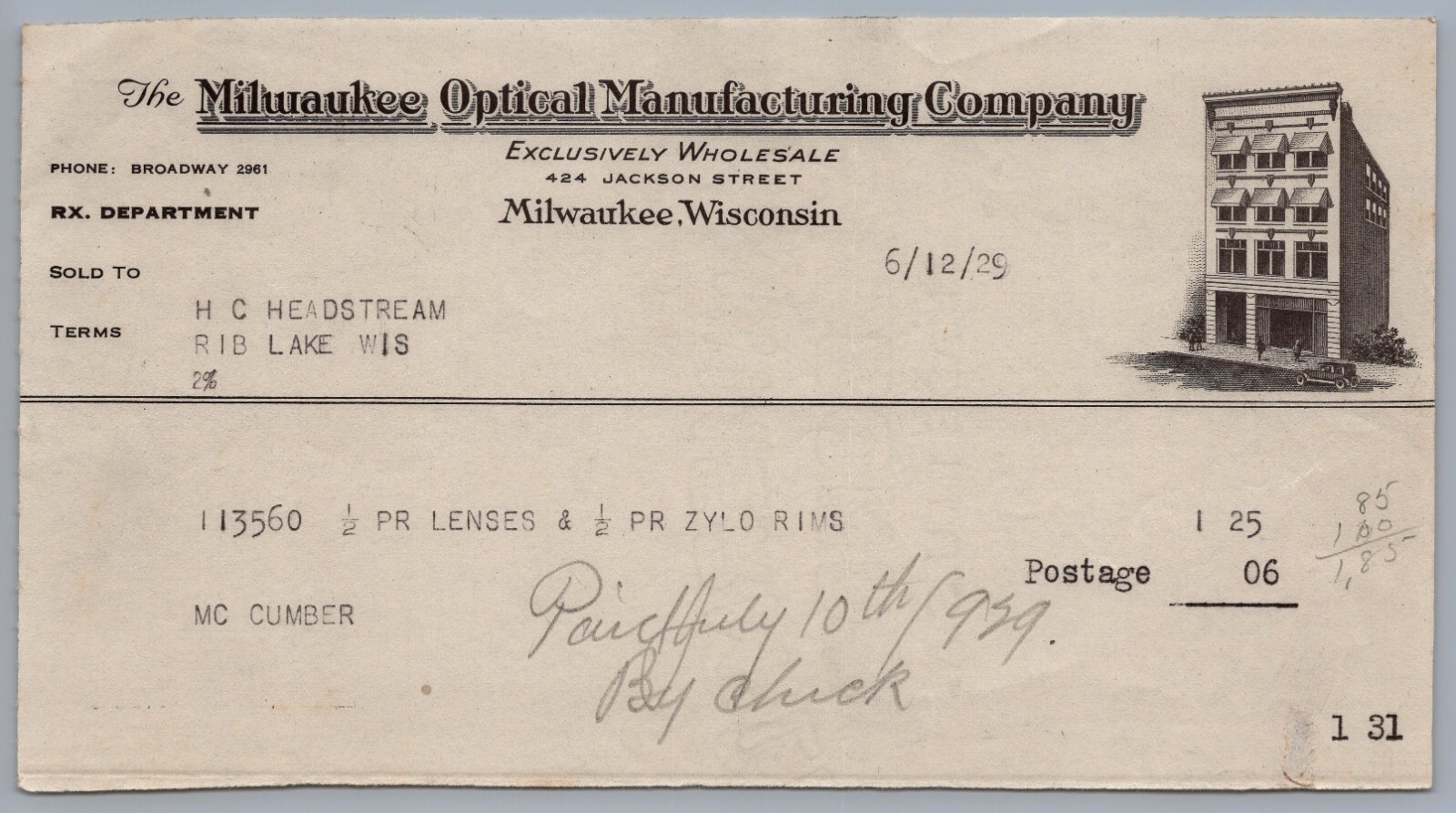 1929 Milwaukee, Wisconsin Milwaukee Optical Manufacturing Company Invoice 8999