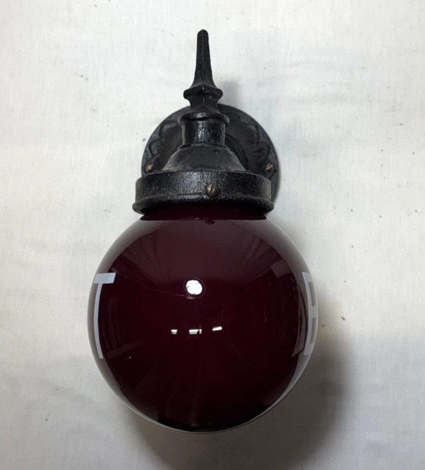 Vtg Exit Glass Light Globe Wall Sconce Cast Iron Fixture Art Deco Shade USA #L61