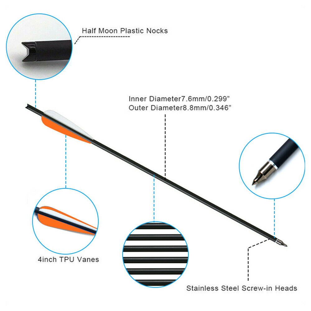 12PCS 20" Archery Hunting Carbon Crossbow Bolts Half Moon Nock OD 8.8mm Arrows