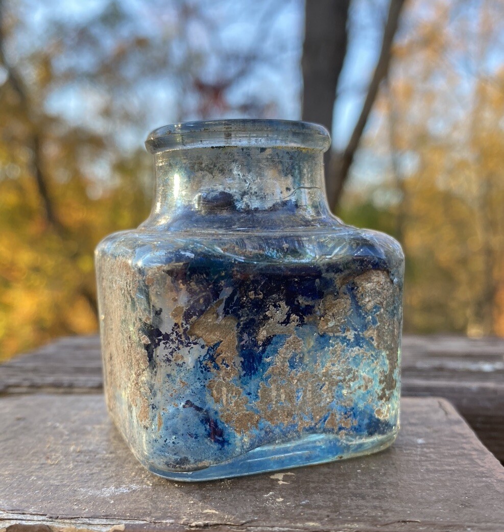 Clear Inkwell With Blue Ink And Partial Label