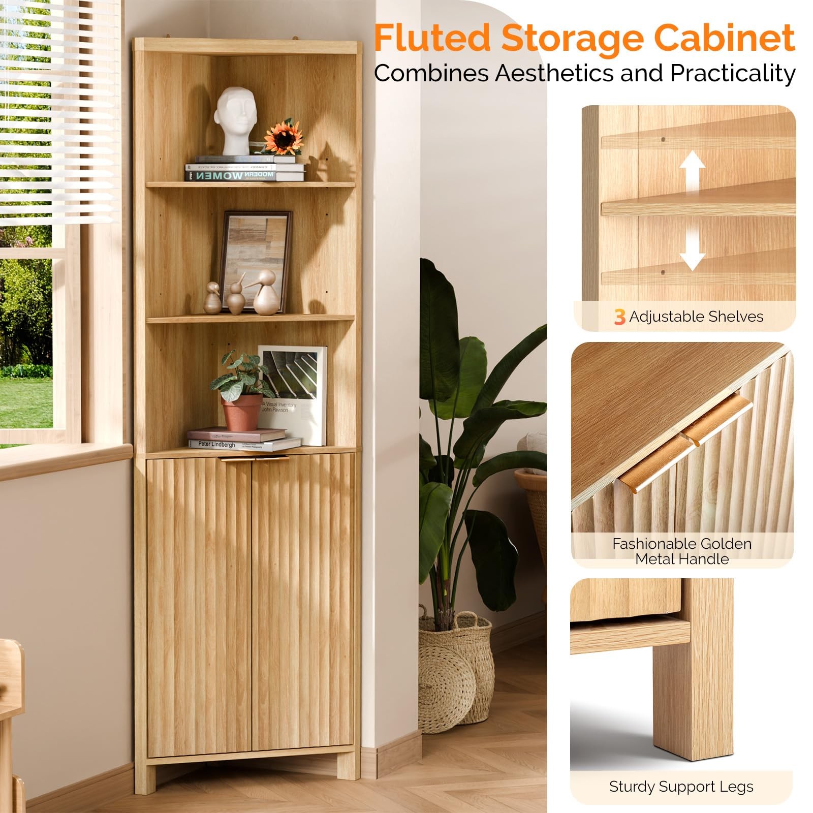 Tall Corner Cabinet with Fluted Doors, 68" Oak Corner Storage Cabinet