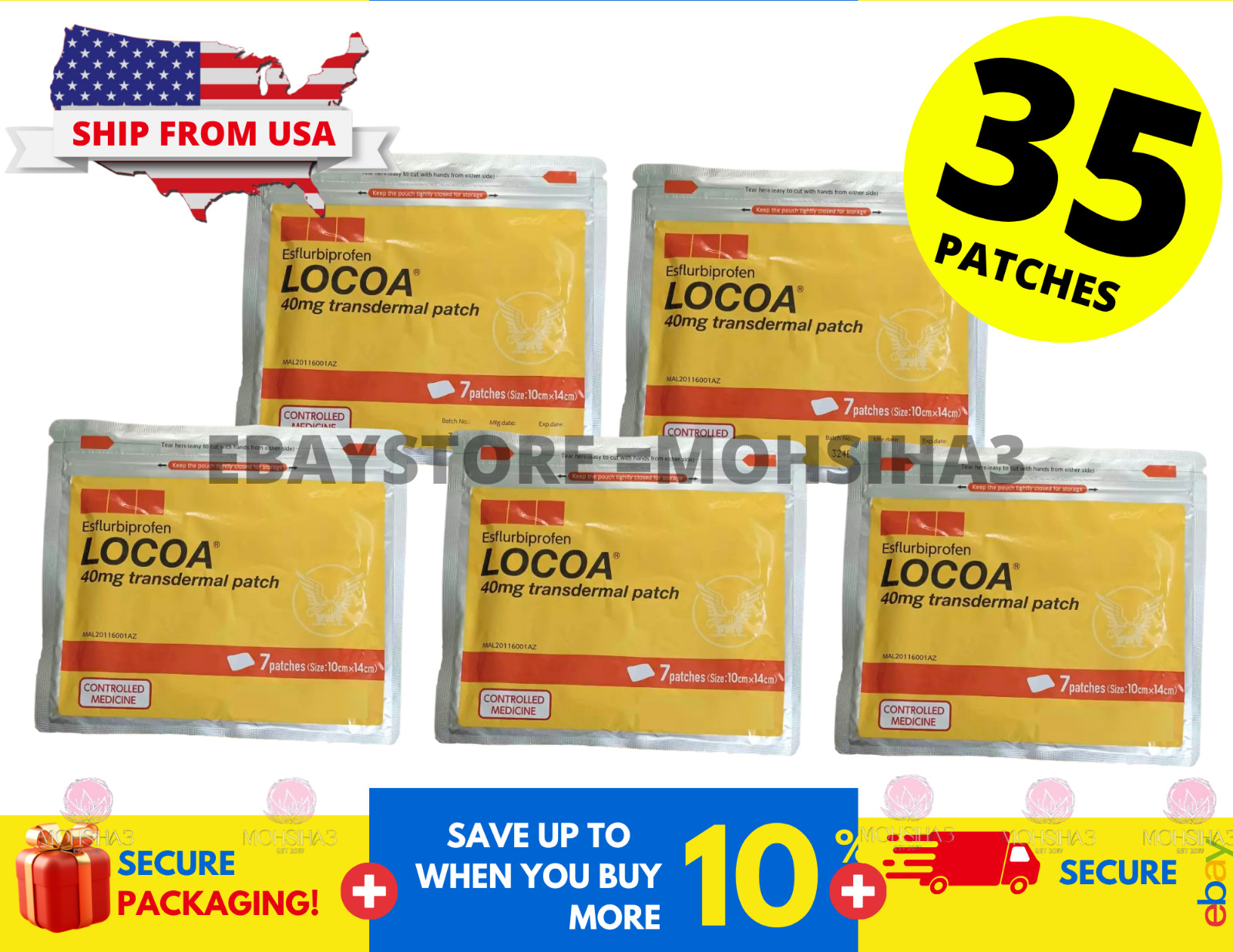 5 Pack ( 35 Patches ) LOCOA 40mg Transdermal Joint Pain Relief - SHIP FORM US