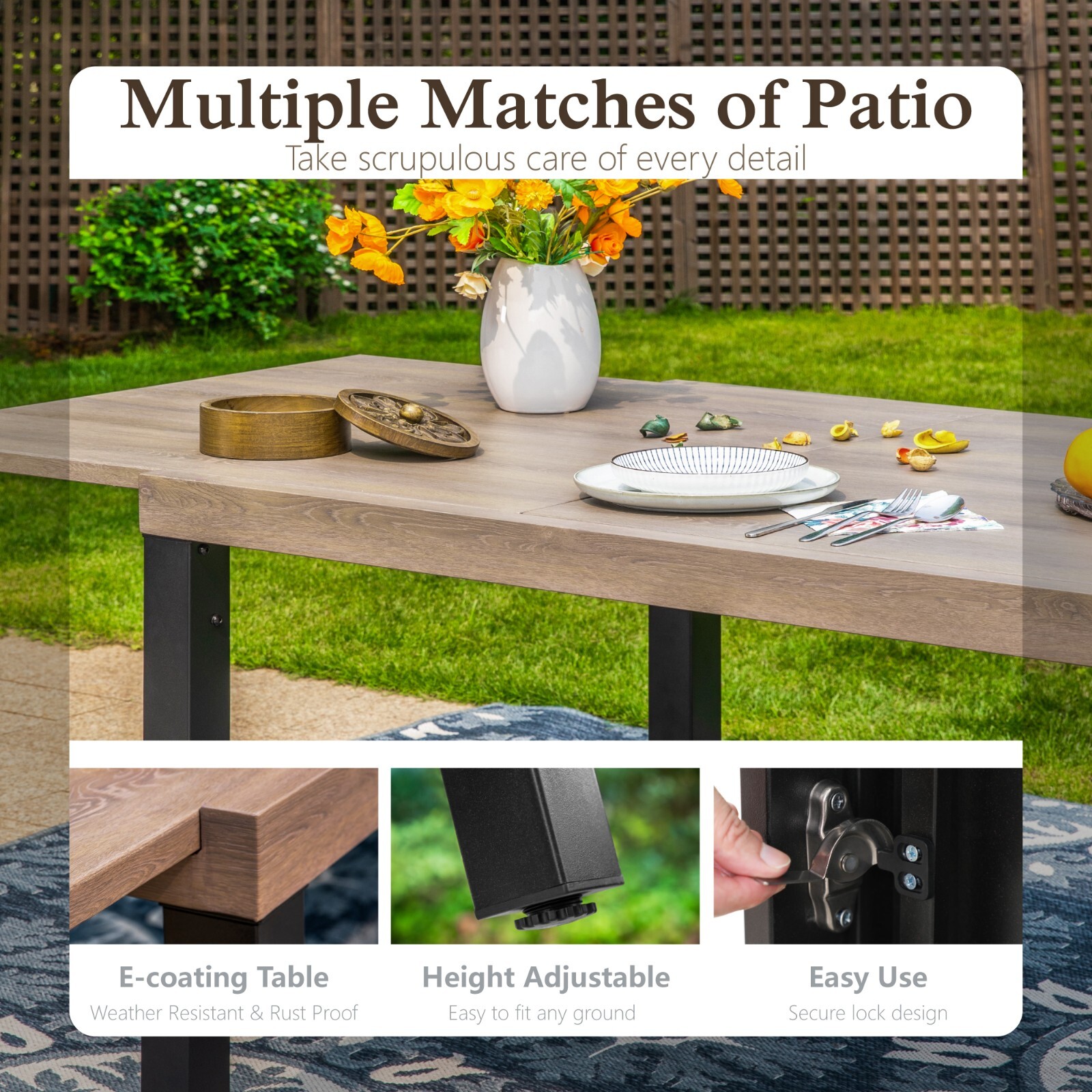 Expandable Patio Dining Table Metal Rectangular Outdoor Table for Garden Porch