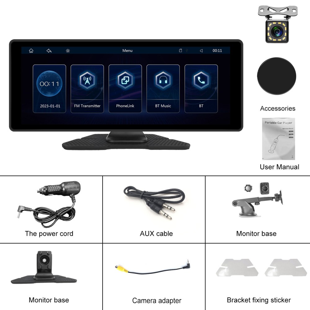 10.26" Touch Screen Wireless Apple Carplay Portable Car Stereo Android Auto Cam