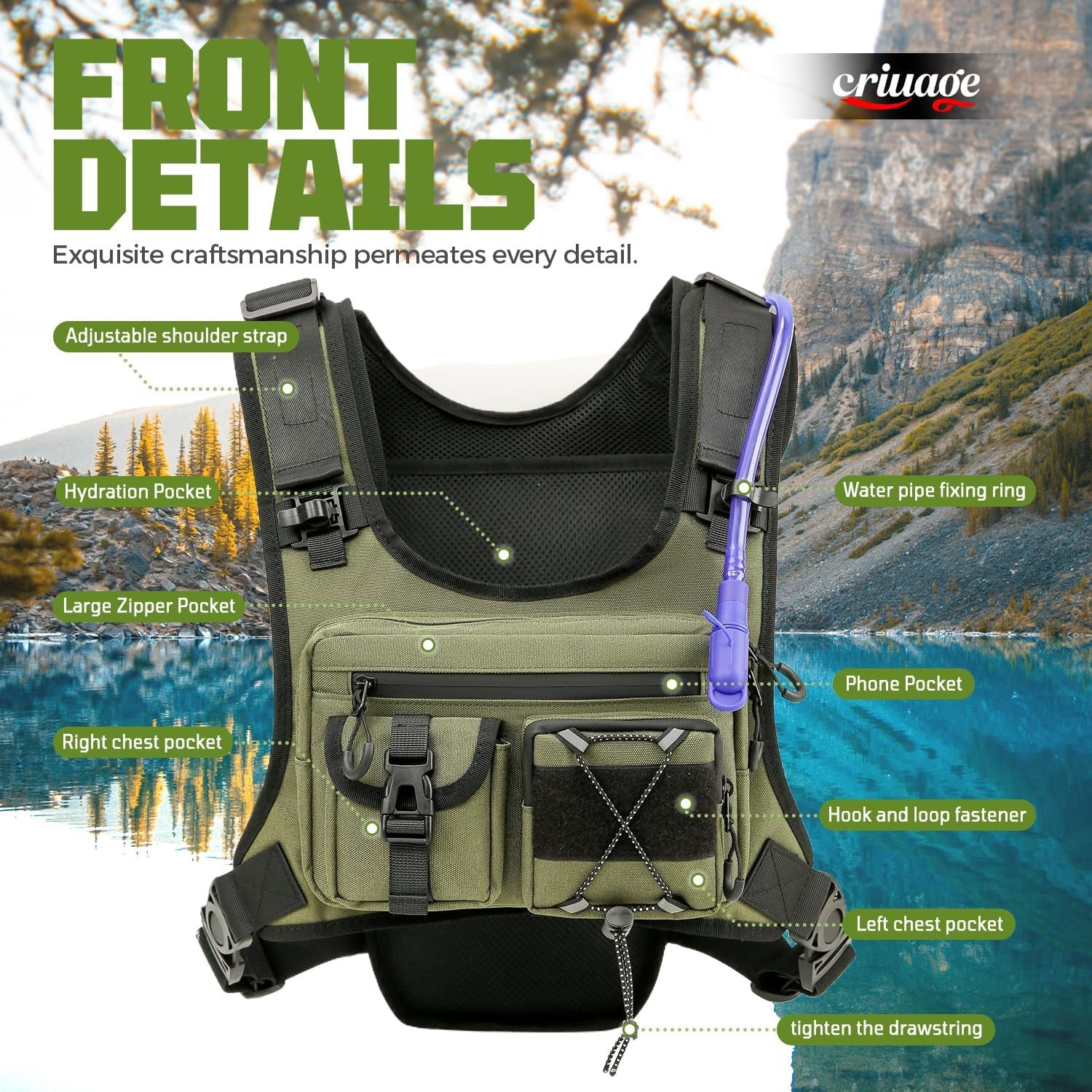 Hydration vest backpack, lightweight chest pack with 2.0 liter water bladder