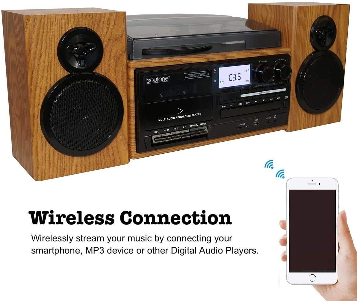 Boytone BT-28SPW Bluetooth Classic Style CD Player Turntable with AM/FM Radio