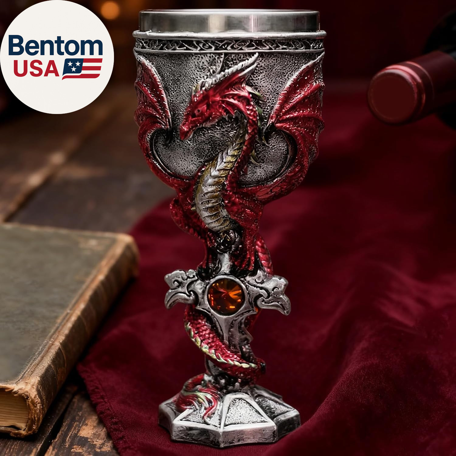 Medieval Flame Dragon Wine Goblet,Goblet Resin Wine Cup with Stainless Steel Lin