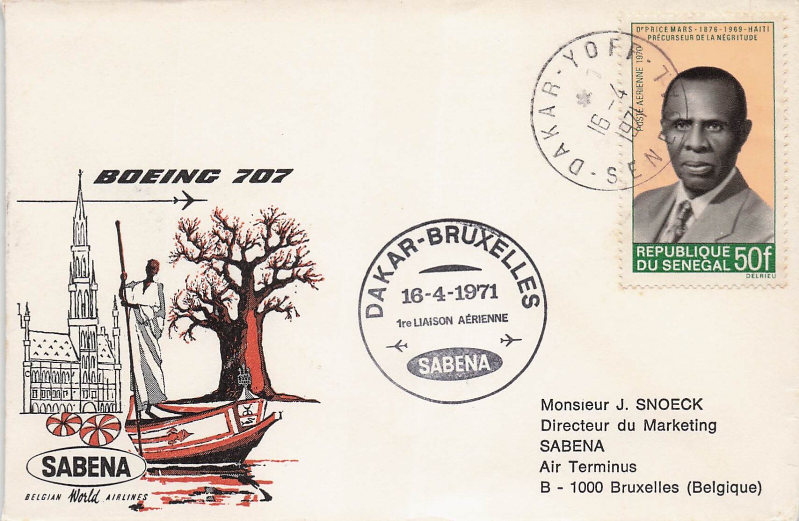 1971 Senegal Dakar-Bruxelles SABENA Boeing 707 Flight Vtg Cover CV03
