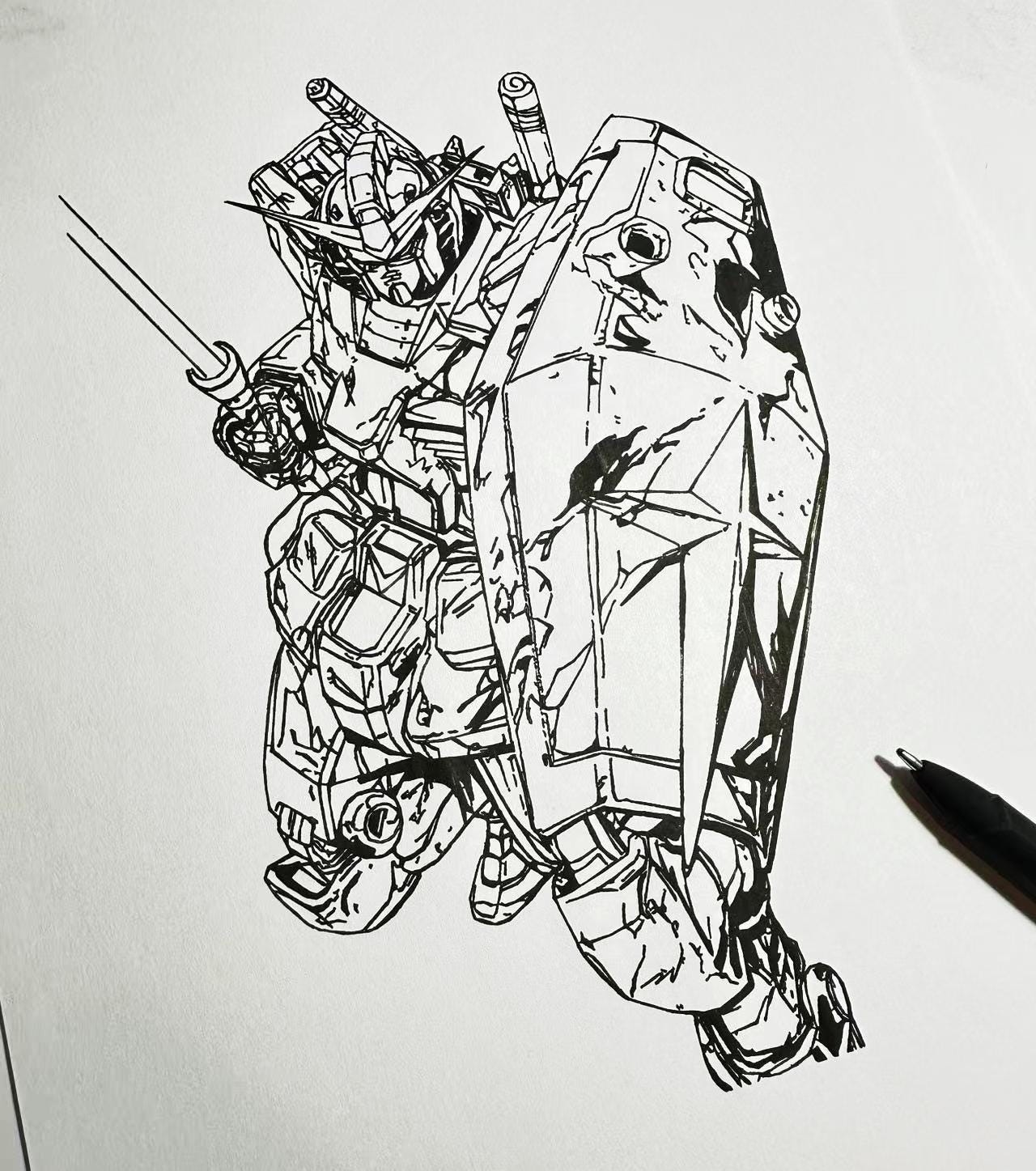 Hand Drawn (Not a Print) Gundam RX-78 Framed Pen & Ink Art Drawing
