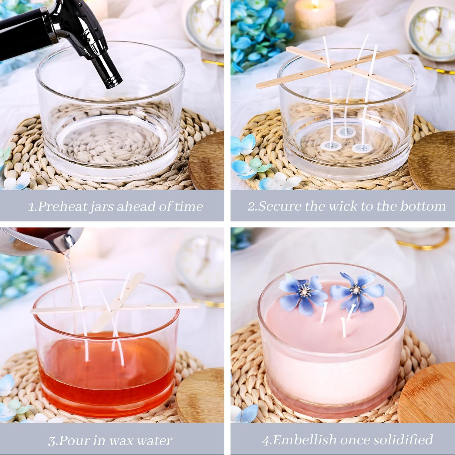 CONNOO 24oz Clear Glass Candle Jars 6 Pack, Multi-Wick Wide Mouth Empty Bulk for