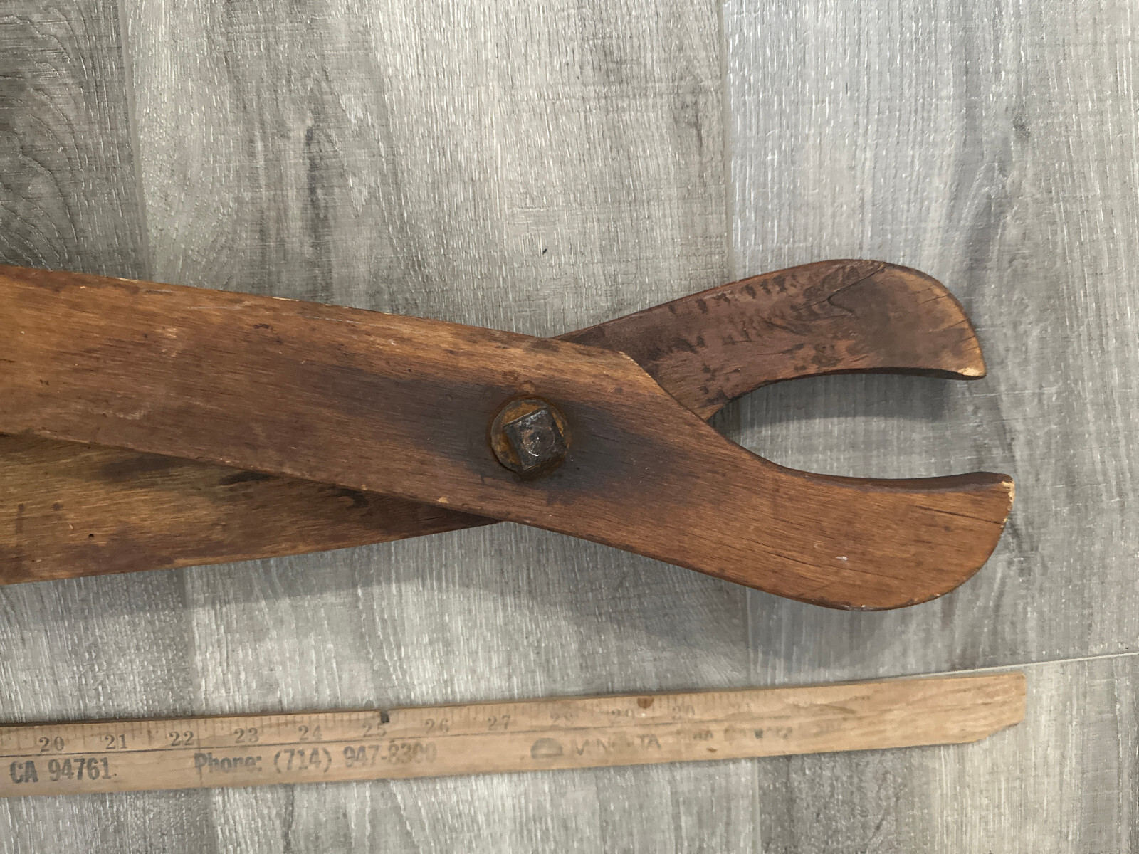 Lot of 7 vintage tools farm antique wooden tongs pliers scythe hooker plunger