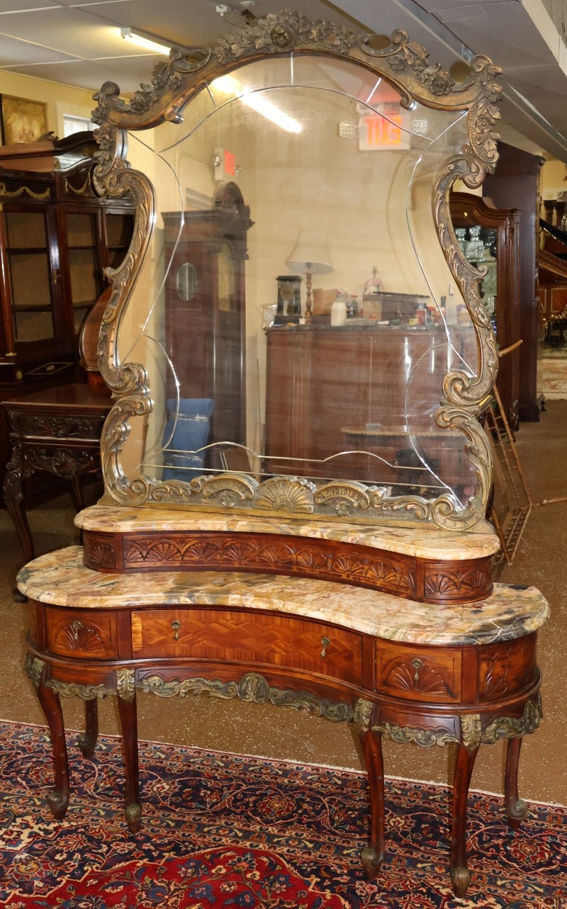 French Louis XV Style Inlaid Walnut Marble Top Etched Mirror Vanity Circa 1920's