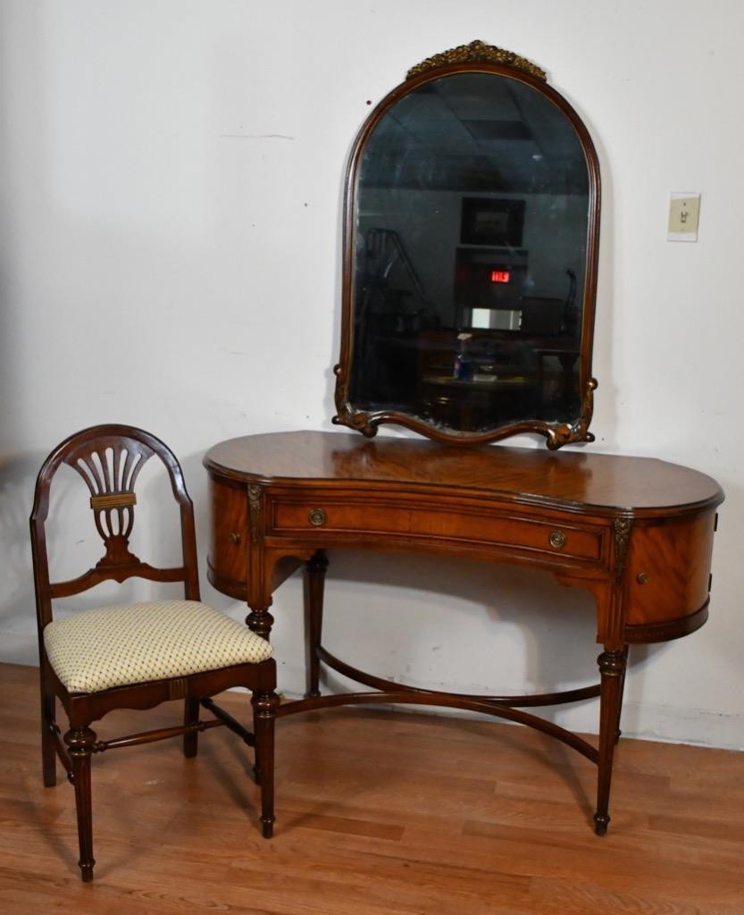 1920s SET of Antique French Satinwood Vanity Makeup table / Chair and Mirror