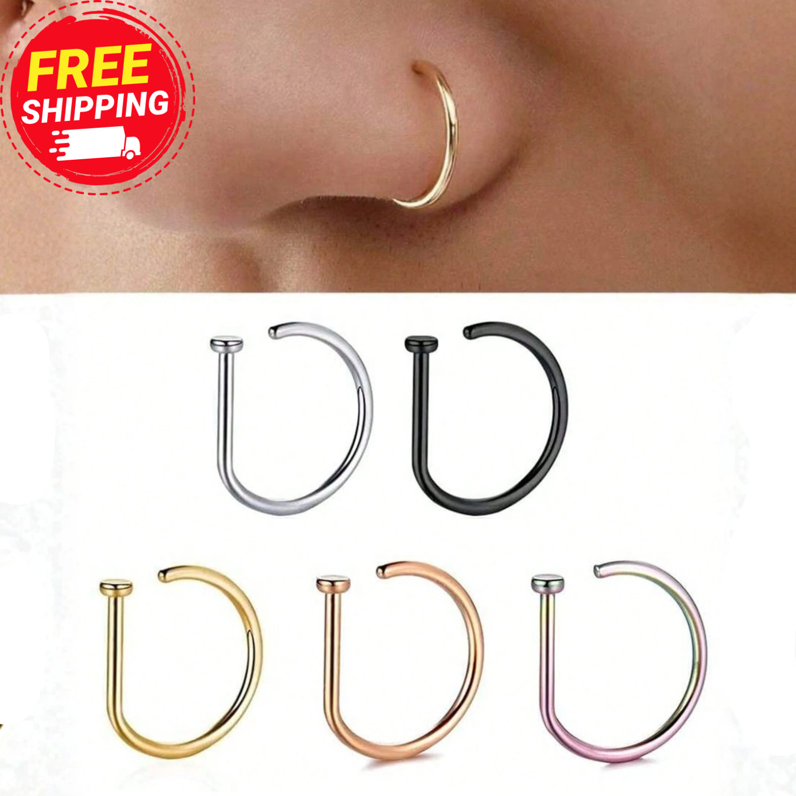 5Pcs Stainless Steel Fake Piercing Nose Ring D-Shape Punk Non Piercing Nose Clip