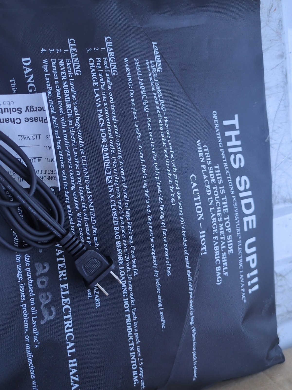 Lava pack PCS/Vesture Electric Lava Pac Heating Pad Model 2009/115 2.5amp