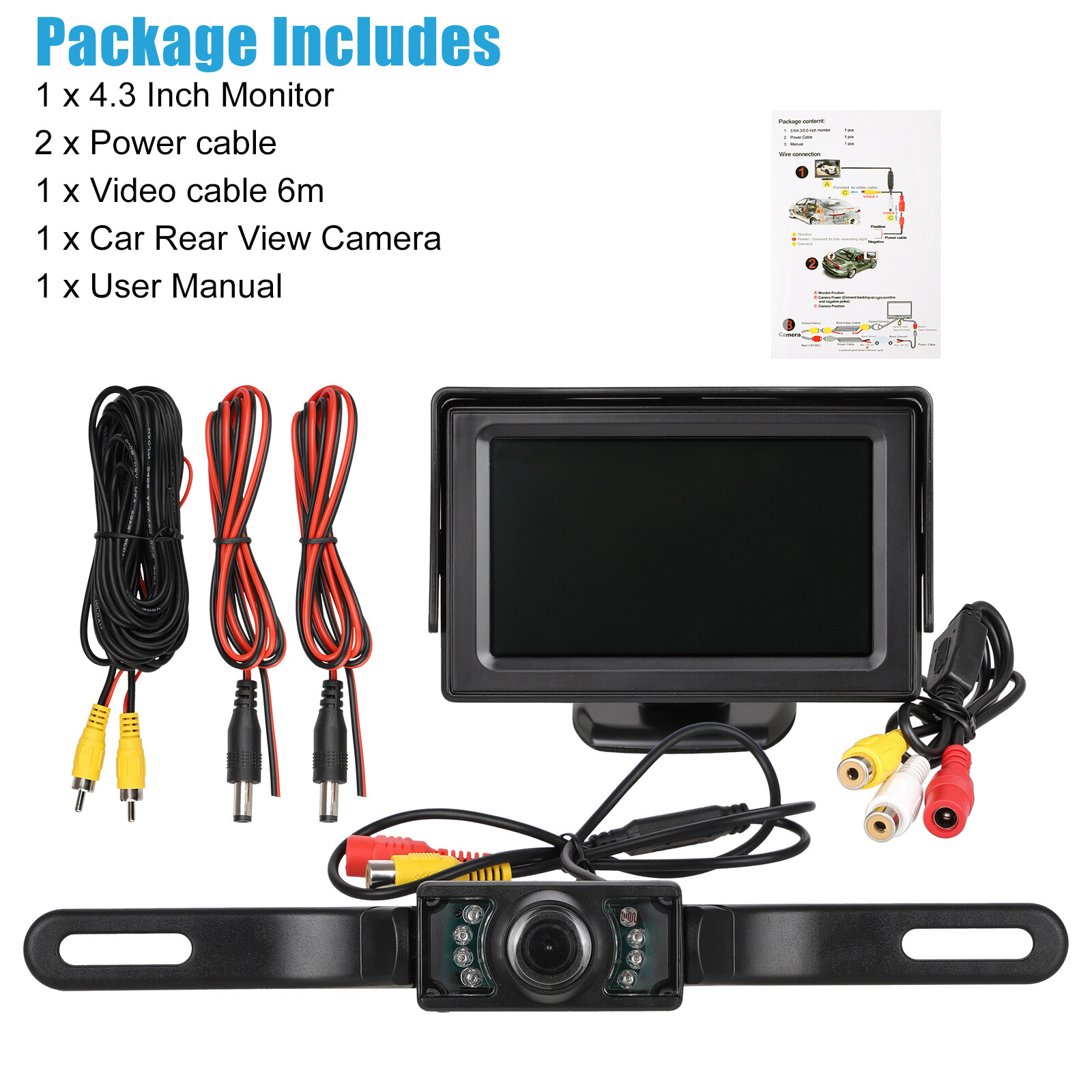 4.3" LCD Monitor Car Camera Rear View Backup Parking Reverse Kit w/ Night Vision