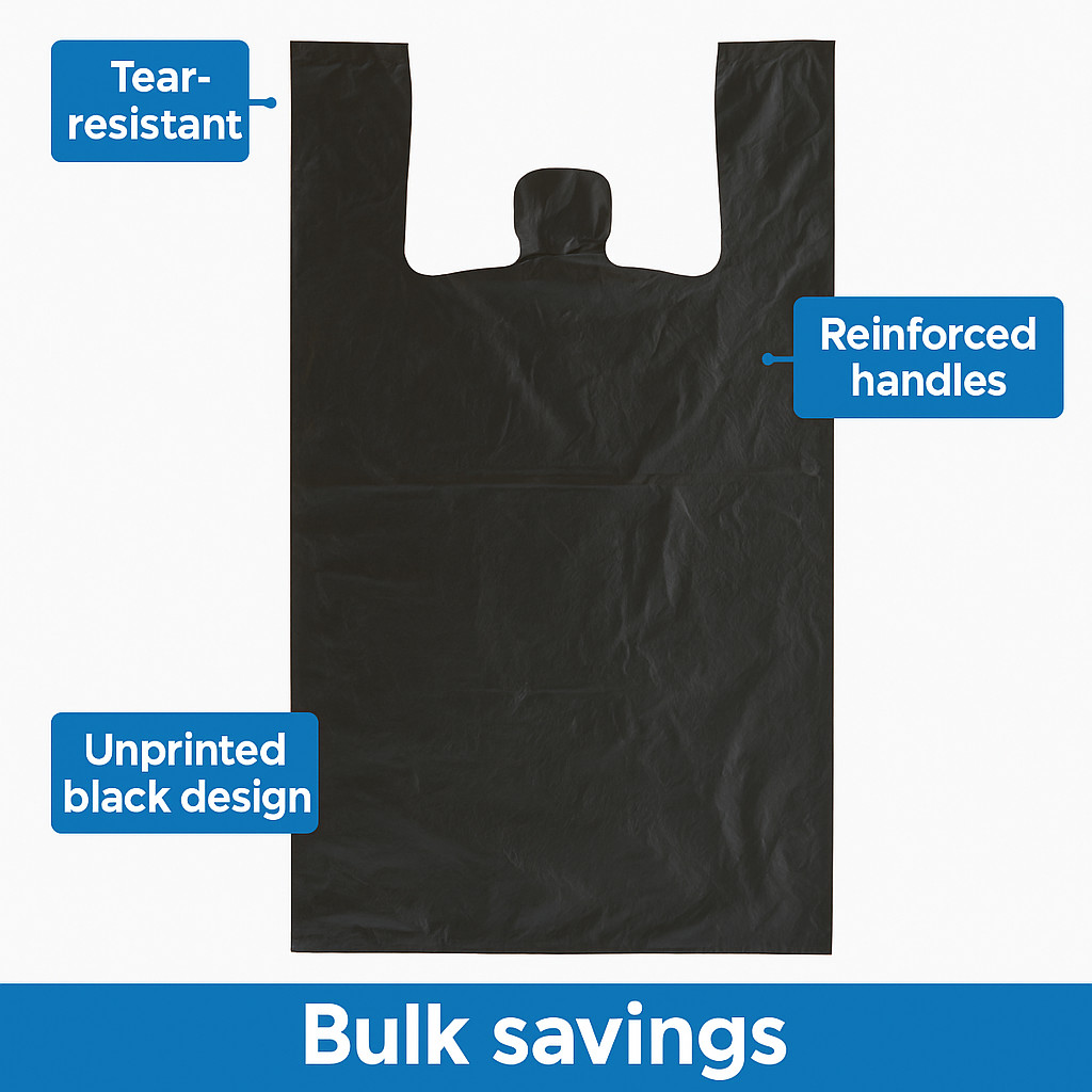 Black Jumbo T-Shirt Bags 17x8x29 0.71 Mil Heavy Duty Grocery Carryout Bags Bulk