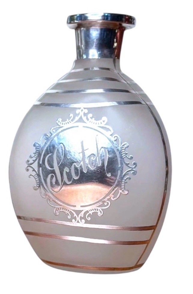 Art Deco Decanters Sterling Silver Overlay Gin Scotch Pair Pinch Bottle Barware