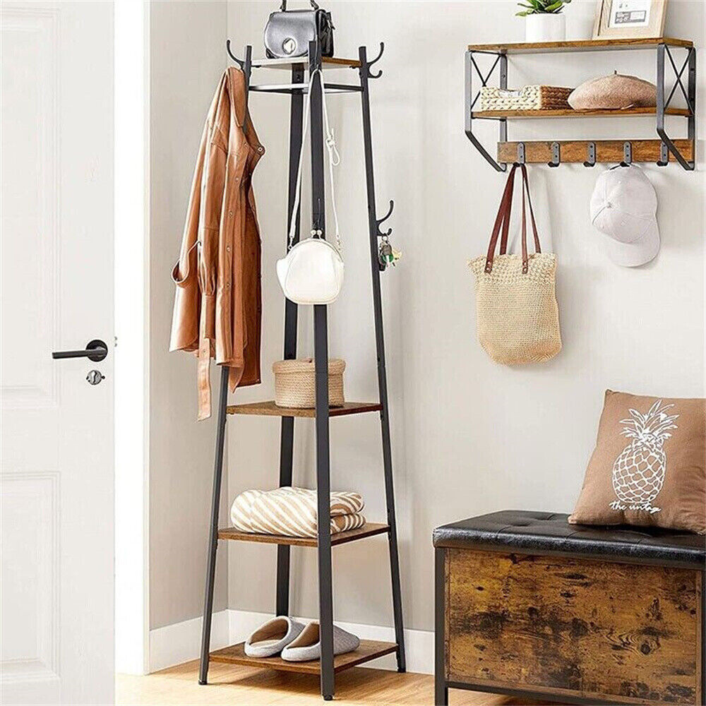 Industrial Coat Rack Stand Hall Tree Entryway Home Storage Shelves with 8 Hooks
