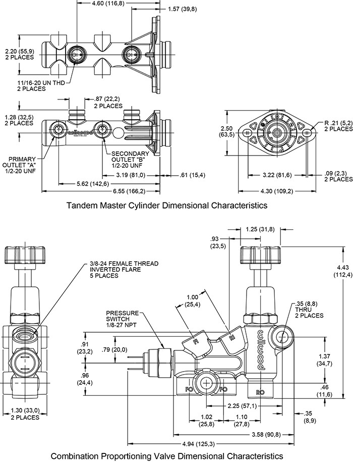 WILWOOD BLACK REMOTE TANDEM MASTER CYLINDER,1" BORE,WITH PROPORTIONING VALVE