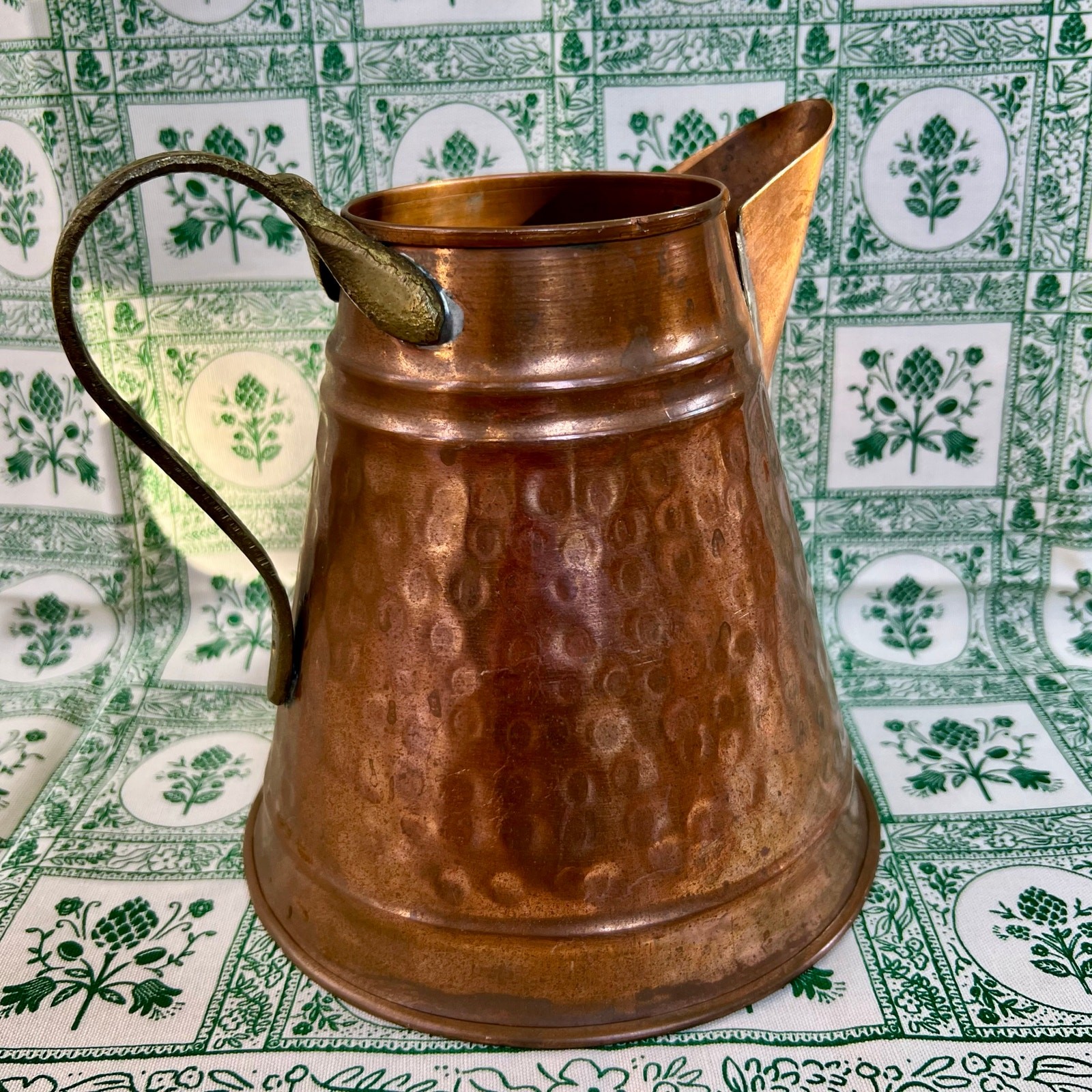 Vintage 1950s Hammered Copper Pitcher Jug Brass Handle Rustic Kitchen Decor