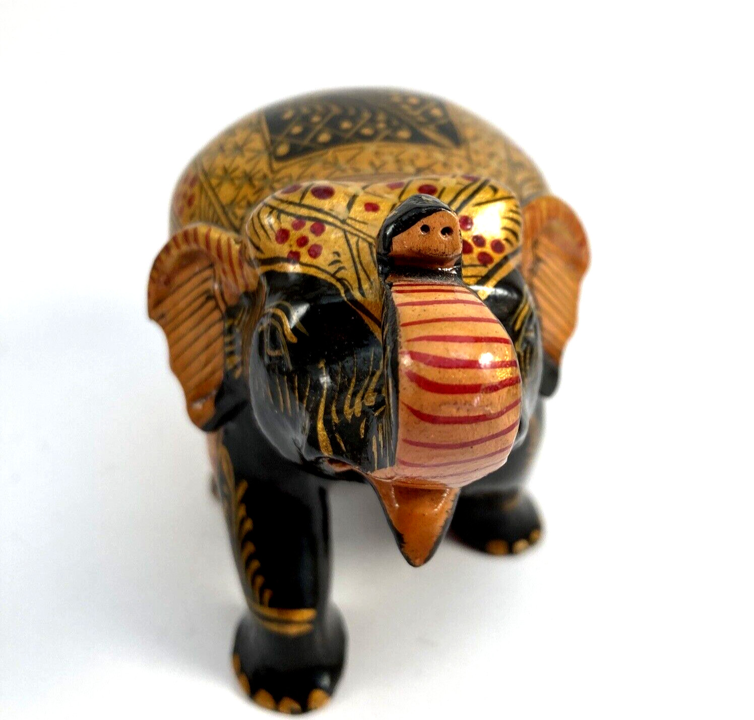 Wooden Trunk Up Elephant Figure Handpainted Gold Highlight Designs MISSING TUSKS
