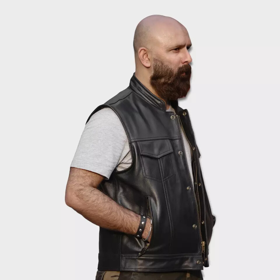 SOA Men's Leather Vest Anarchy Motorcycle Biker Club Concealed Carry Outlaws