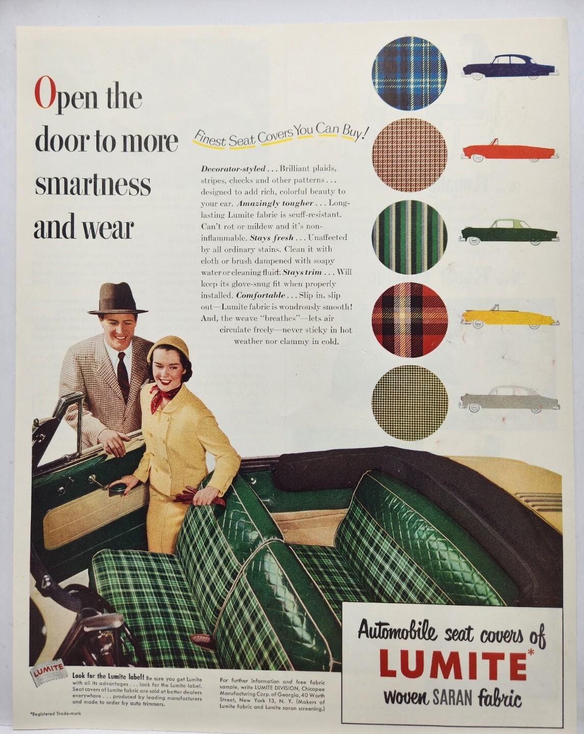 1951 Lumite Automobile Seat Covers MCM Original Print Ad Life Magazine 50s
